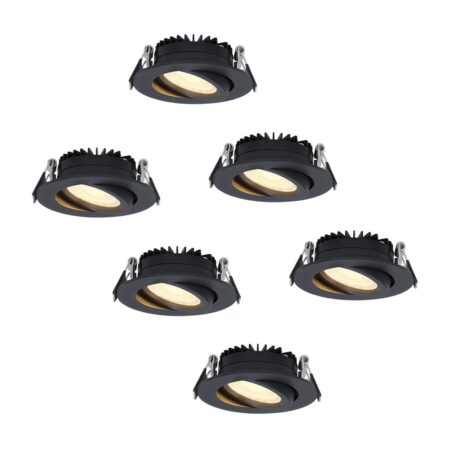 Set van 6 Rome LED inbouwspots - Kantelbaar - IP44 waterdicht - 6 Watt 500 lumen - 2700K warm wit - Lage inbouwdiepte 27mm - Dimbaar - Rond - Zwart - Voor binnen en buiten | HOFTRONIC
