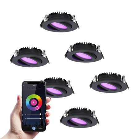 Set van 6 Rome smart inbouwspots - IP44 Waterdicht - 6 Watt 480 lumen - Kantelbaar - Lage inbouwdiepte 27mm - Wifi + Bluetooth - RGBWW - Google Home