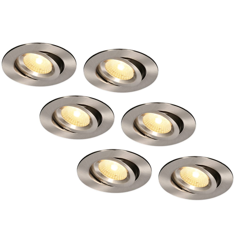 Set van 6 Salerno LED inbouwspots - 8W 650 lumen - 2700K warm wit - Dimbaar - Rond - Kantelbaar - IP44 waterdicht - RVS - Voor binnen