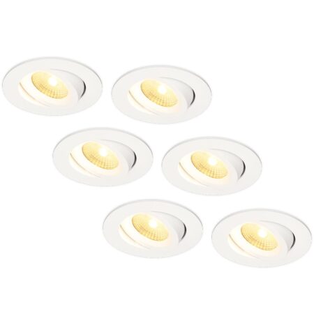 Set van 6 Salerno LED inbouwspots - 8W 650 lumen - 2700K warm wit - Dimbaar - Rond - Kantelbaar - IP44 waterdicht - Wit - Voor binnen