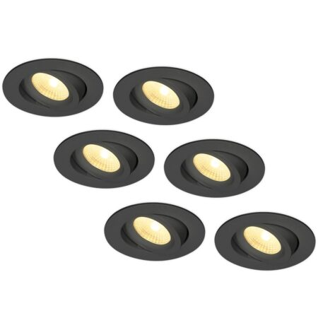 Set van 6 Salerno LED inbouwspots - 8W 650 lumen - 2700K warm wit - Dimbaar - Rond - Kantelbaar - IP44 waterdicht - Zwart - Voor binnen