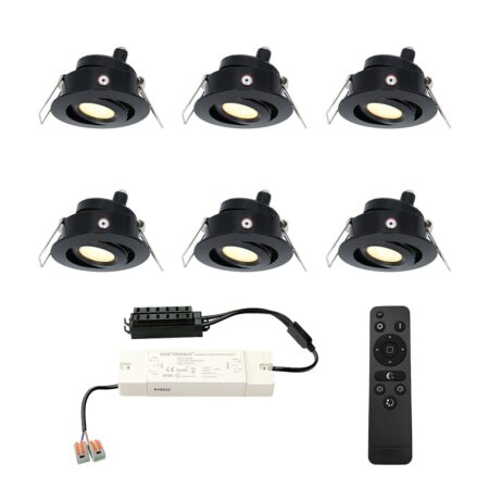 Set van 6 Sienna LED Mini Inbouwspots met trafo - 12 Volt 3 Watt 200 lumen - Dimbaar - Kantelbaar - Plat 30mm - 2700K - IP44 waterdicht - Zwart | HOFTRONIC