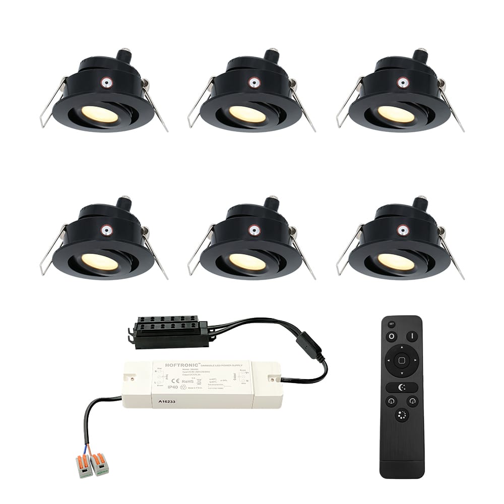 Set van 6 Sienna LED Mini Inbouwspots met trafo - 12 Volt 3 Watt 200 lumen - Dimbaar - Kantelbaar - Plat 30mm - 2700K - IP44 waterdicht - Zwart | HOFTRONIC