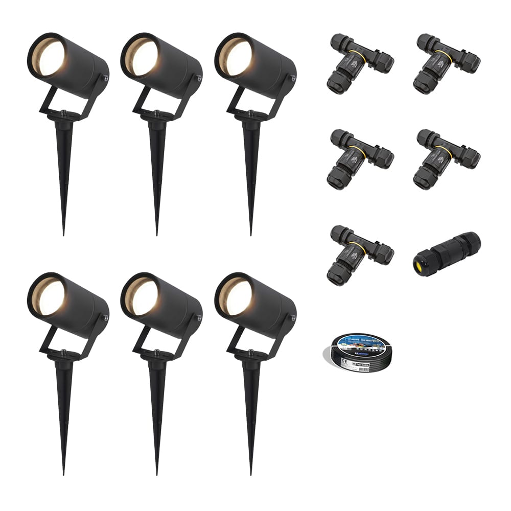 Set van 6 Spikey LED prikspots - GU10 4 Watt 345 Lumen - Dimbaar - Kantelbaar - 4000K neutraal wit - IP64 Waterdicht - Zwart - Tuinspots - Pinspots - Inclusief installatiemateriaal (Kabel & connector) | HOFTRONIC