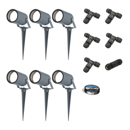 Set van 6 Spikey LED prikspots - GU10 4 Watt 345 Lumen - Dimbaar - Kantelbaar - 6500K daglicht wit - IP64 Waterdicht - Antraciet - Tuinspots - Pinspots - Inclusief installatiemateriaal (Kabel & connector) | HOFTRONIC