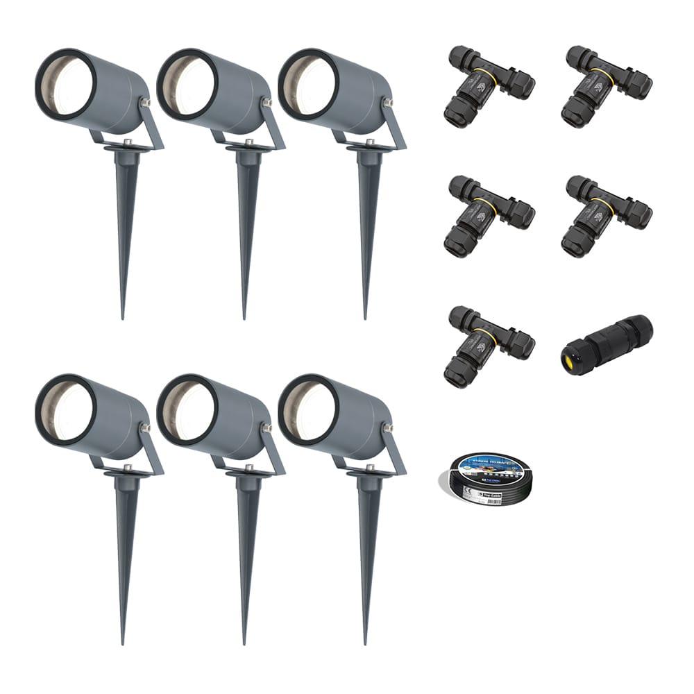 Set van 6 Spikey LED prikspots - GU10 4 Watt 345 Lumen - Dimbaar - Kantelbaar - 6500K daglicht wit - IP64 Waterdicht - Antraciet - Tuinspots - Pinspots - Inclusief installatiemateriaal (Kabel & connector) | HOFTRONIC