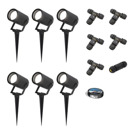 Set van 6 Spikey LED prikspots - GU10 4 Watt 345 Lumen - Dimbaar - Kantelbaar - 6500K daglicht wit - IP64 Waterdicht - Zwart - Tuinspots - Pinspots - Inclusief installatiemateriaal (Kabel & connector) | HOFTRONIC