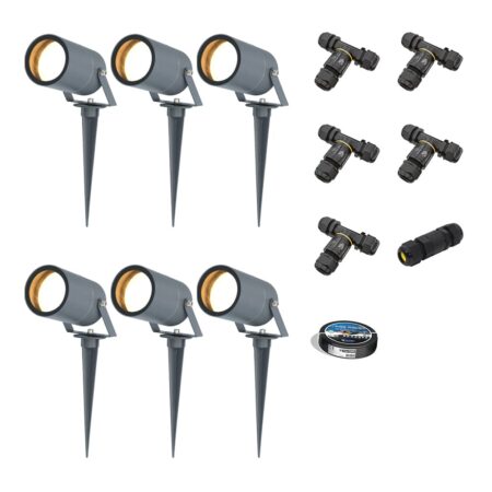 Set van 6 Spikey LED prikspots - GU10 4 Watt 345 lumen - Dimbaar - Kantelbaar - 2700K warm wit - IP65 Waterdicht - Antraciet - Tuinspots - Pinspots - Inclusief installatiemateriaal (Kabel & connector) | HOFTRONIC