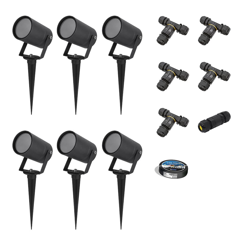 Set van 6 Spikey LED prikspots - GU10 Fitting - Dimbaar - Wandspot - IP65 voor binnen en buiten - Grondspies - Zwart | HOFTRONIC