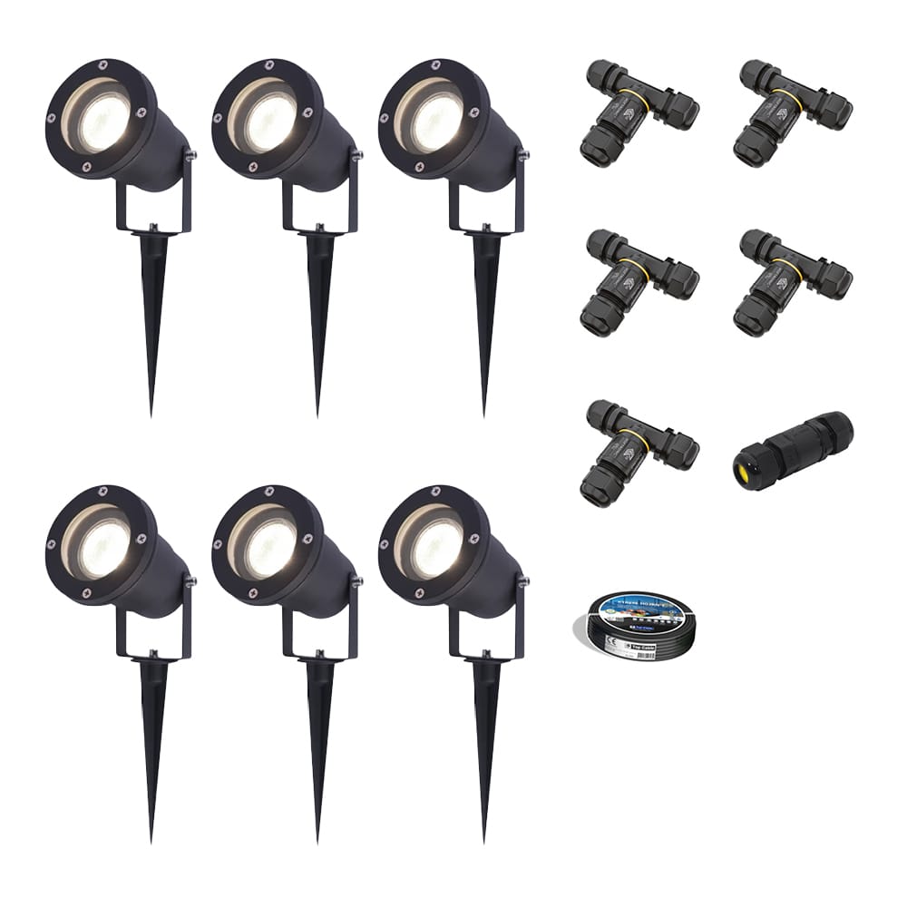 Set van 6 Sydney LED prikspots - Dimbaar - Kantelbaar - GU10 4 Watt 345 Lumen - 4000K neutraal wit - IP64 Waterdicht - Zwart - Inclusief installatiemateriaal (Kabel & connector) | HOFTRONIC