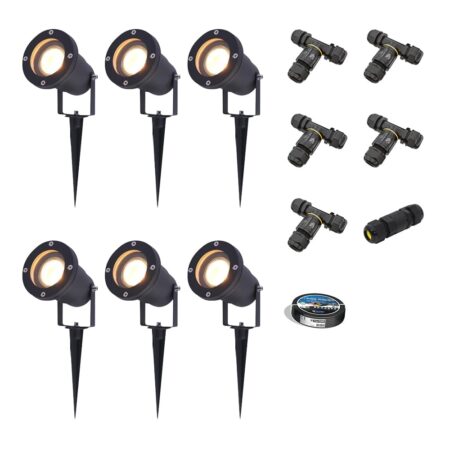 Set van 6 Sydney LED prikspots - Dimbaar - Kantelbaar - GU10 4 Watt 345 lumen - 2700K warm wit - IP65 Waterdicht - Zwart - Inclusief installatiemateriaal (Kabel & connector) | HOFTRONIC
