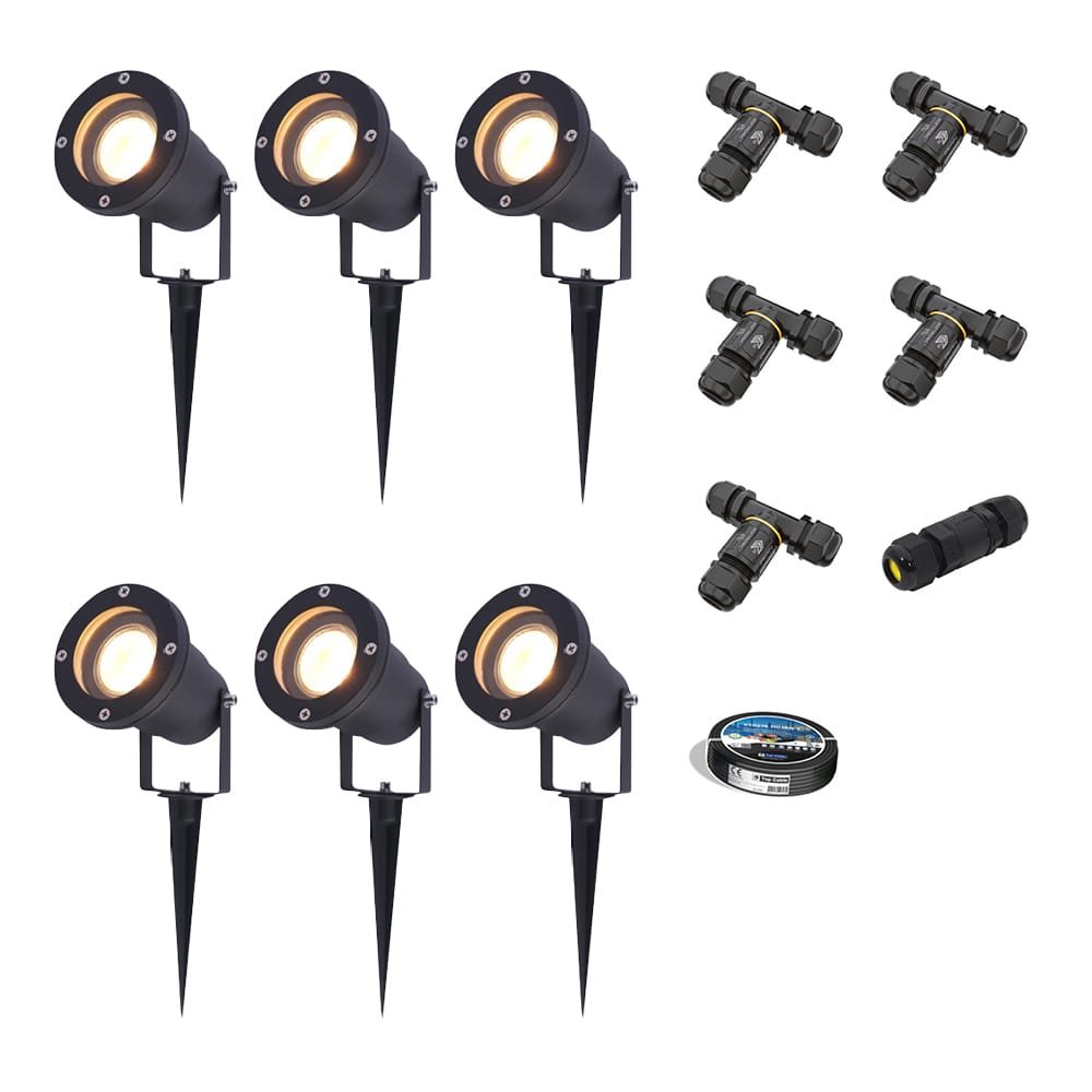 Set van 6 Sydney LED prikspots - Dimbaar - Kantelbaar - GU10 4 Watt 345 lumen - 2700K warm wit - IP65 Waterdicht - Zwart - Inclusief installatiemateriaal (Kabel & connector) | HOFTRONIC