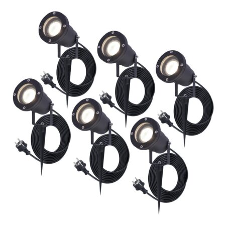 Set van 6 Sydney LED prikspots - GU10 4 Watt 345 Lumen - Dimbaar - Kantelbaar - 4000K neutraal wit - IP64 Waterdicht - 1.5m kabel met EU-stekker - Zwart | HOFTRONIC