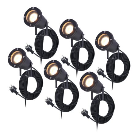 Set van 6 Sydney LED prikspots - GU10 4 Watt 345 lumen - Dimbaar - Kantelbaar - 2700K warm wit - IP65 Waterdicht - 1.5m kabel met EU-stekker - Zwart | HOFTRONIC