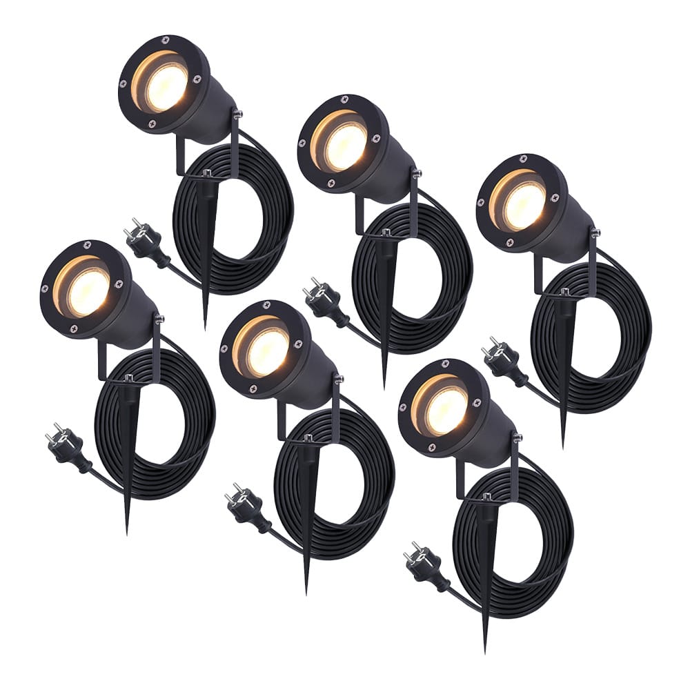 Set van 6 Sydney LED prikspots - GU10 4 Watt 345 lumen - Dimbaar - Kantelbaar - 2700K warm wit - IP65 Waterdicht - 1.5m kabel met EU-stekker - Zwart | HOFTRONIC