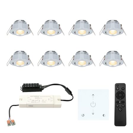 Set van 8 Granada LED Mini Inbouwspots met trafo en muurdimmer - 12 Volt 3 Watt 200 lumen - Dimbaar - Kantelbaar - Plat 35mm - 2700K - IP44 - RVS | HOFTRONIC