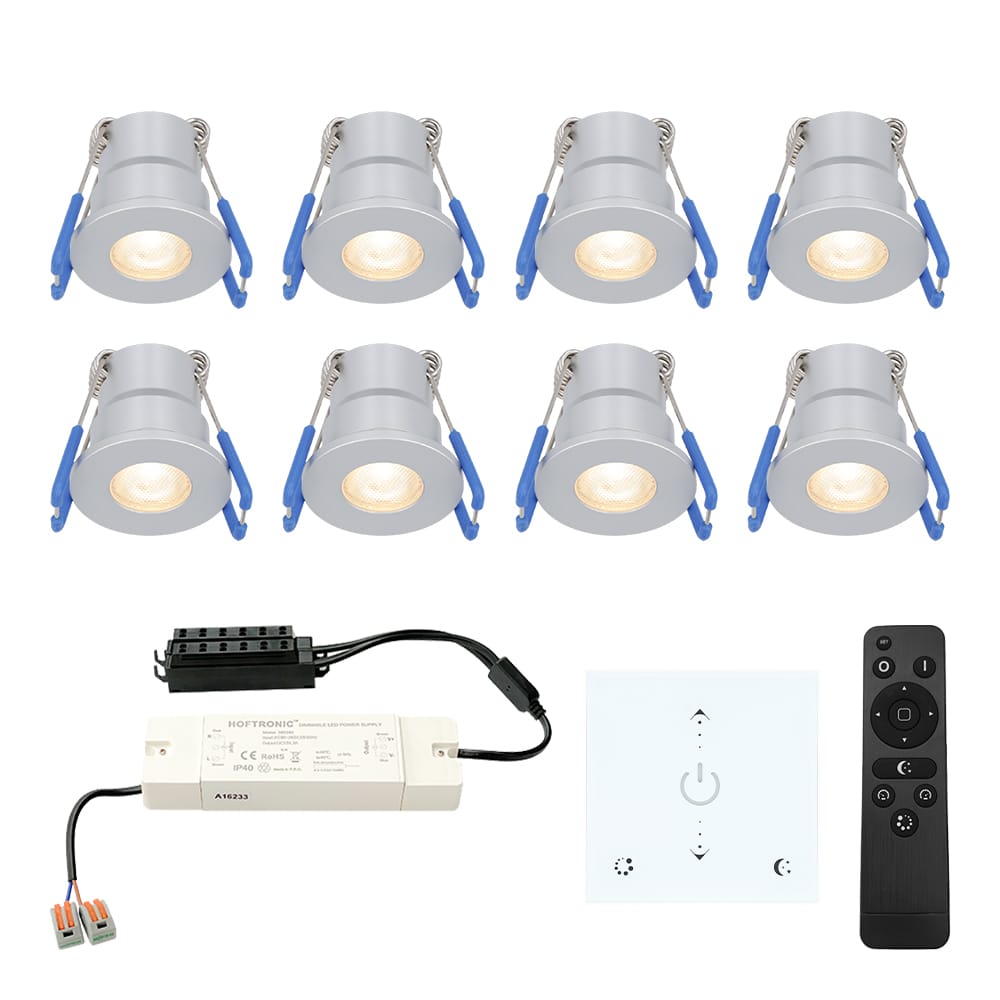 Set van 8 Milano LED Mini Inbouwspots met trafo en muurdimmer - 12 Volt 3 Watt 200 lumen - Dimbaar - Plat 34mm - 2700K - IP65 waterdicht - Grijs | HOFTRONIC
