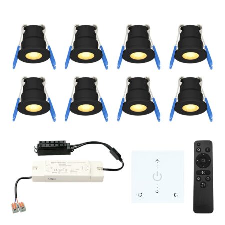 Set van 8 Milano LED Mini Inbouwspots met trafo en muurdimmer - 12 Volt 3 Watt 200 lumen - Dimbaar - Plat 34mm - 2700K - IP65 waterdicht - Zwart | HOFTRONIC