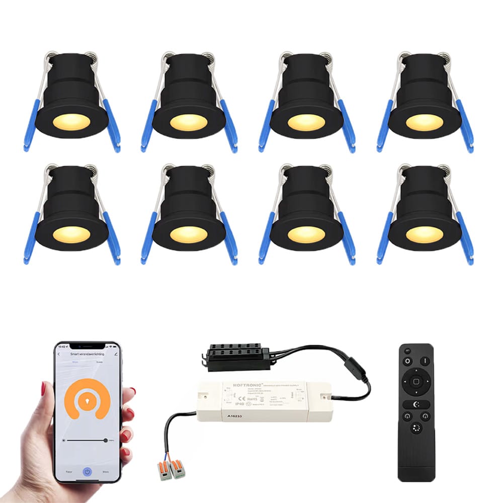 Set van 8 Milano Smart LED Mini Inbouwspots - Veranda spots - 12V 3W 200lm - Dimbaar - Wifi & Bluetooth - 2700K - IP65 waterdicht - Zwart | HOFTRONIC