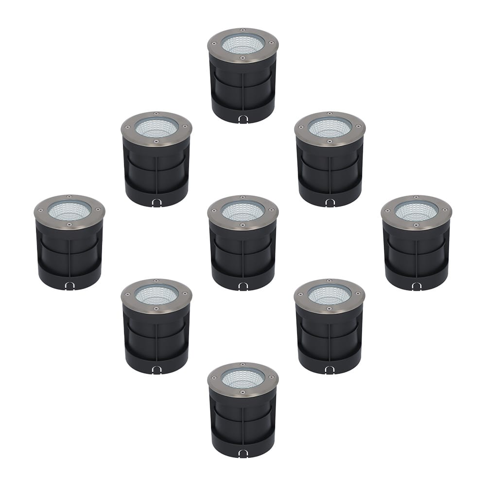 Set van 9 Donnie LED Grondspots buiten - Ingebouwde LED - 4000K neutraal wit - 6 Watt 500 lumen - Rond - Tuinspot - RVS - IP67 waterdicht | HOFTRONIC