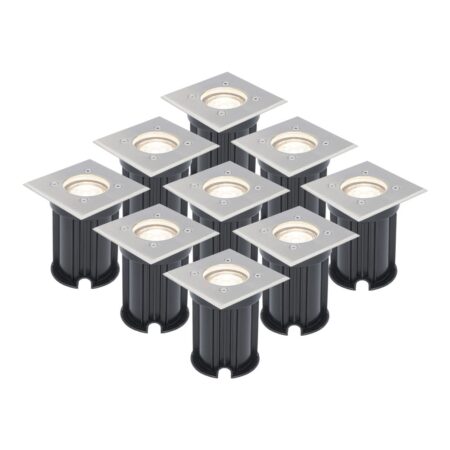 Set van 9 LED Grondspots vierkant buiten - Dimbaar - GU10 - 4000K neutraal wit - 4 Watt 345 Lumen - Tuinspot - Oprit - RVS - IP64 Waterdicht | HOFTRONIC