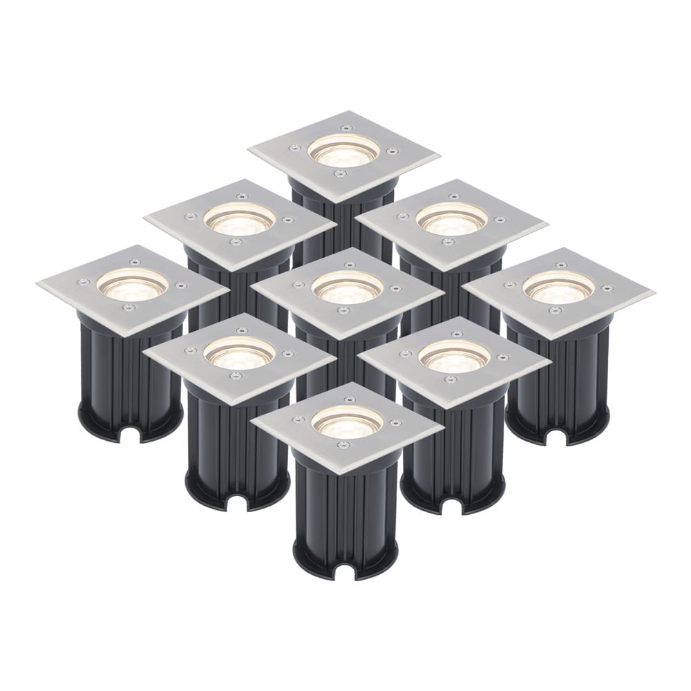 Set van 9 LED Grondspots vierkant buiten - Dimbaar - GU10 - 4000K neutraal wit - 4 Watt 345 Lumen - Tuinspot - Oprit - RVS - IP64 Waterdicht | HOFTRONIC