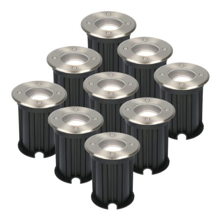 Set van 9 Maisy LED Grondspot - Dimbaar - Rond - Ø12cm - GU10 - 4 Watt 345 Lumen - 6500K daglicht wit - RVS - IP67 waterdicht - Tuinspot - Oprit | HOFTRONIC