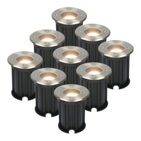Set van 9 Maisy LED Grondspots Rond - Dimbaar - GU10 - 2700K warm wit - 4 Watt 345 lumen - Rond - Ø12cm - Tuinspot - Oprit - RVS - IP67 waterdicht | HOFTRONIC