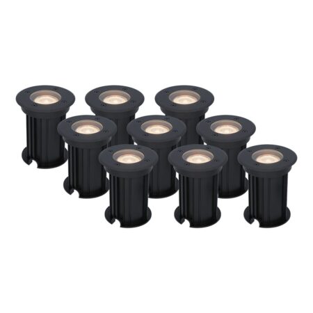 Set van 9 Maisy LED Grondspots Rond - Dimbaar - GU10 - 2700K warm wit - 4 Watt 345 lumen - Rond - Ø12cm - Tuinspot - Oprit - Zwart - IP67 waterdicht | HOFTRONIC