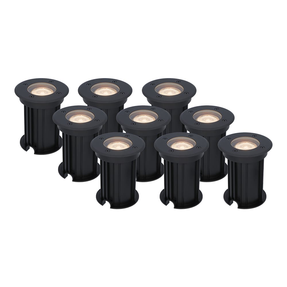 Set van 9 Maisy LED Grondspots Rond - Dimbaar - GU10 - 2700K warm wit - 4 Watt 345 lumen - Rond - Ø12cm - Tuinspot - Oprit - Zwart - IP67 waterdicht | HOFTRONIC