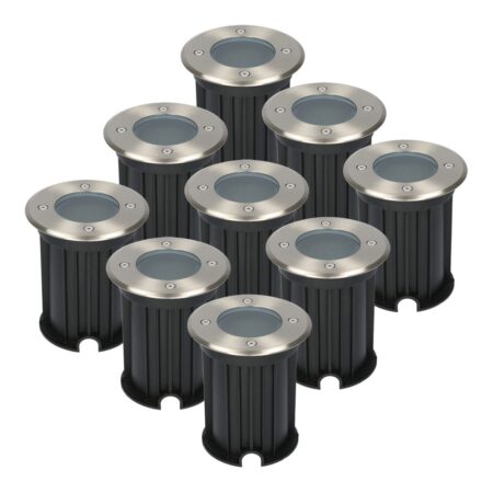 Set van 9 Maisy LED Grondspots - Rond - Ø12cm - RVS - GU10 fitting - Excl. lichtbron - IP67 waterdicht - Tuinspot - Oprit | HOFTRONIC