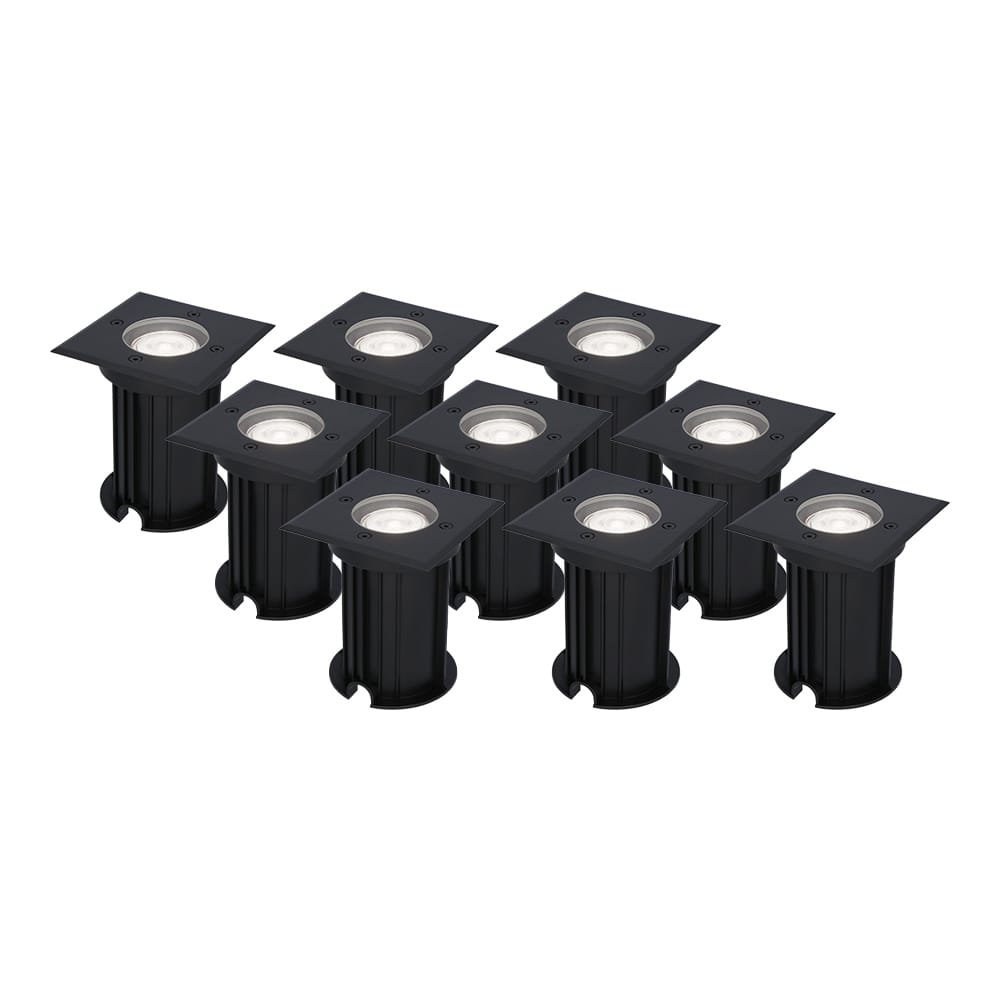 Set van 9 Ramsay LED Grondspots Vierkant - Dimbaar - GU10 - 6500K daglicht wit - 4 Watt 345 Lumen - Tuinspot - Zwart - IP67 waterdicht - Overrijdbaar voor de Oprit