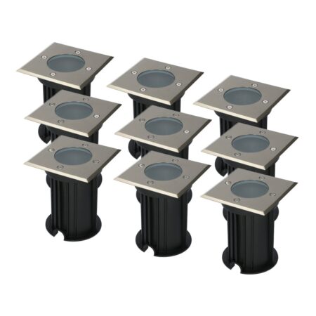 Set van 9 Ramsay LED Grondspots - Vierkant - RVS - GU10 fitting - Excl. lichtbron - IP67 waterdicht - Tuinspot - Oprit | HOFTRONIC