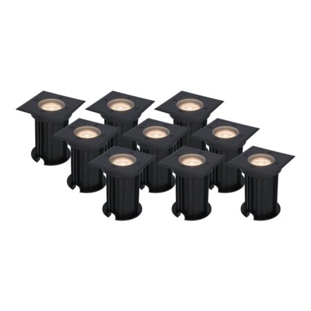Set van 9 Ramsay LED Grondspots vierkant - Dimbaar - GU10 - 2700K warm wit - 4 Watt 345 lumen - Tuinspot - Zwart - IP67 waterdicht - Overrijdbaar voor de Oprit