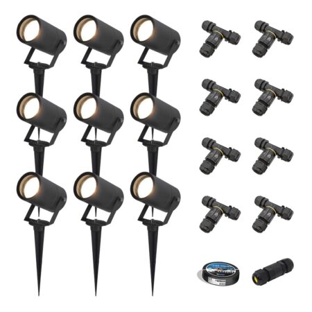 Set van 9 Spikey LED prikspots - GU10 4 Watt 345 Lumen - Dimbaar - Kantelbaar - 4000K neutraal wit - IP64 Waterdicht - Zwart - Tuinspots - Pinspots - Inclusief installatiemateriaal (Kabel & connector) | HOFTRONIC