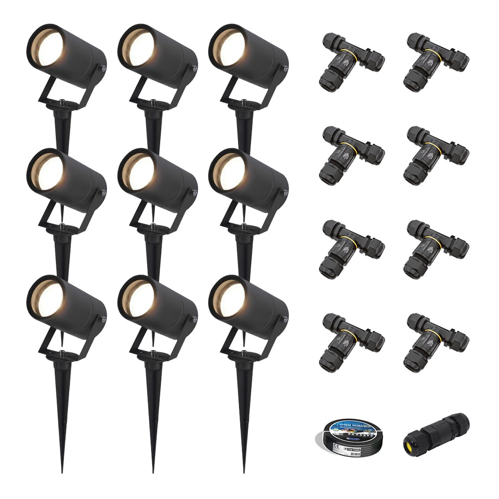 Set van 9 Spikey LED prikspots - GU10 4 Watt 345 Lumen - Dimbaar - Kantelbaar - 4000K neutraal wit - IP64 Waterdicht - Zwart - Tuinspots - Pinspots - Inclusief installatiemateriaal (Kabel & connector) | HOFTRONIC