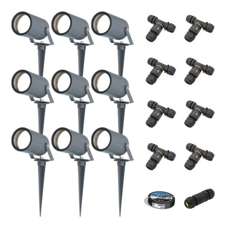 Set van 9 Spikey LED prikspots - GU10 4 Watt 345 Lumen - Dimbaar - Kantelbaar - 6500K daglicht wit - IP64 Waterdicht - Antraciet - Tuinspots - Pinspots - Inclusief installatiemateriaal (Kabel & connector) | HOFTRONIC