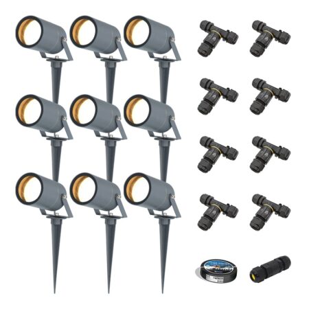 Set van 9 Spikey LED prikspots - GU10 4 Watt 345 lumen - Dimbaar - Kantelbaar - 2700K warm wit - IP65 Waterdicht - Antraciet - Tuinspots - Pinspots | HOFTRONIC