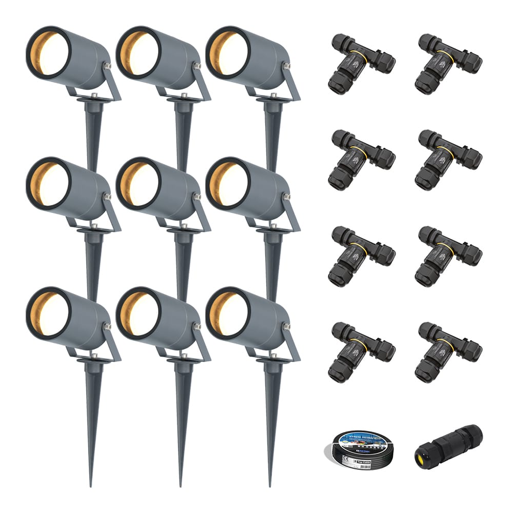 Set van 9 Spikey LED prikspots - GU10 4 Watt 345 lumen - Dimbaar - Kantelbaar - 2700K warm wit - IP65 Waterdicht - Antraciet - Tuinspots - Pinspots | HOFTRONIC