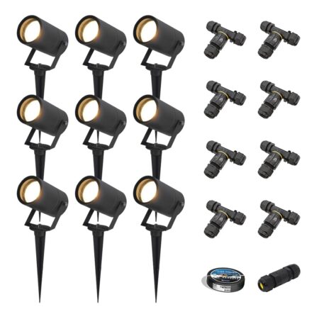 Set van 9 Spikey LED prikspots - GU10 4 Watt 345 lumen - Dimbaar - Kantelbaar - 2700K warm wit - IP65 Waterdicht - Zwart - Tuinspots - Pinspots - Inclusief installatiemateriaal (Kabel & connector) | HOFTRONIC