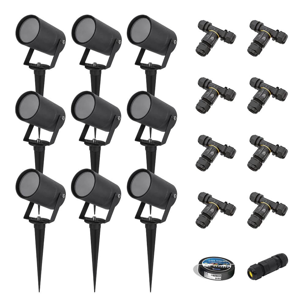 Set van 9 Spikey dimbare LED prikspots - excl. GU10 - Wandspot - IP65 voor binnen en buiten - Grondspies - Zwart | HOFTRONIC
