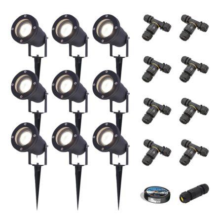 Set van 9 Sydney LED prikspots - Dimbaar - Kantelbaar - GU10 4 Watt 345 Lumen - 4000K neutraal wit - IP64 Waterdicht - Zwart - Inclusief installatiemateriaal (Kabel & connector) | HOFTRONIC
