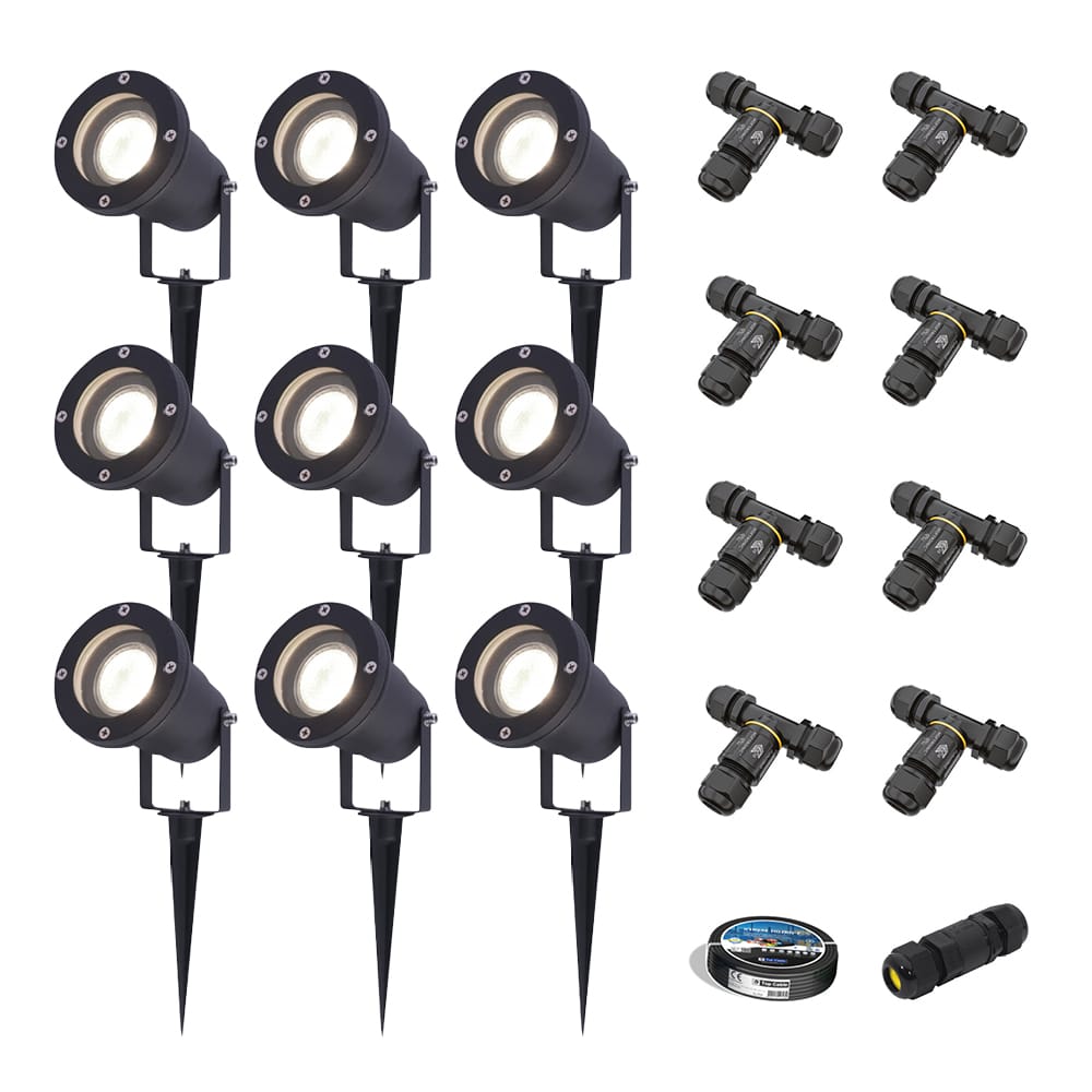 Set van 9 Sydney LED prikspots - Dimbaar - Kantelbaar - GU10 4 Watt 345 Lumen - 4000K neutraal wit - IP64 Waterdicht - Zwart - Inclusief installatiemateriaal (Kabel & connector) | HOFTRONIC
