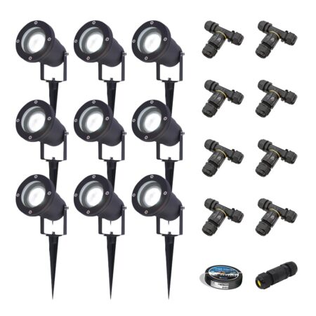 Set van 9 Sydney LED prikspots - Dimbaar - Kantelbaar - GU10 4 Watt 345 Lumen - 6500K daglicht wit - IP64 Waterdicht - Zwart - Inclusief installatiemateriaal (Kabel & connector) | HOFTRONIC