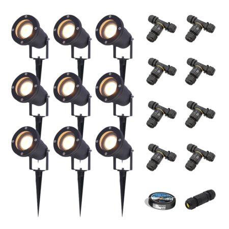 Set van 9 Sydney LED prikspots - Dimbaar - Kantelbaar - GU10 4 Watt 345 lumen - 2700K warm wit - IP65 Waterdicht - Zwart - Inclusief installatiemateriaal (Kabel & connector) | HOFTRONIC