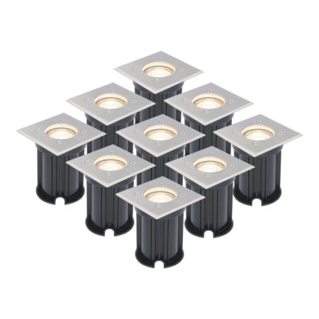 Set van 9 grondspots - RVS - vierkant - 2700K warm wit - GU10 fitting - IP65 Waterdicht - 3 jaar garantie - dimbaar - tuinverlichting | HOFTRONIC