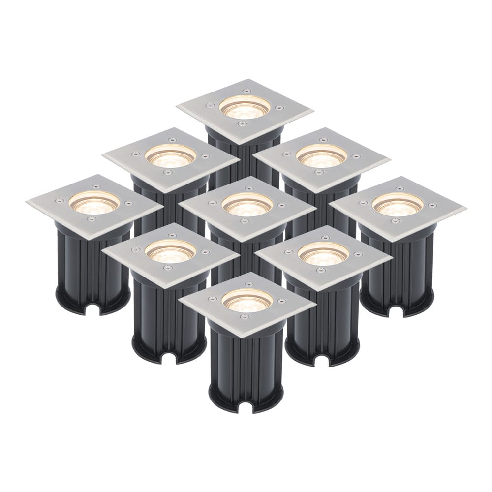 Set van 9 grondspots - RVS - vierkant - 2700K warm wit - GU10 fitting - IP65 Waterdicht - 3 jaar garantie - dimbaar - tuinverlichting | HOFTRONIC