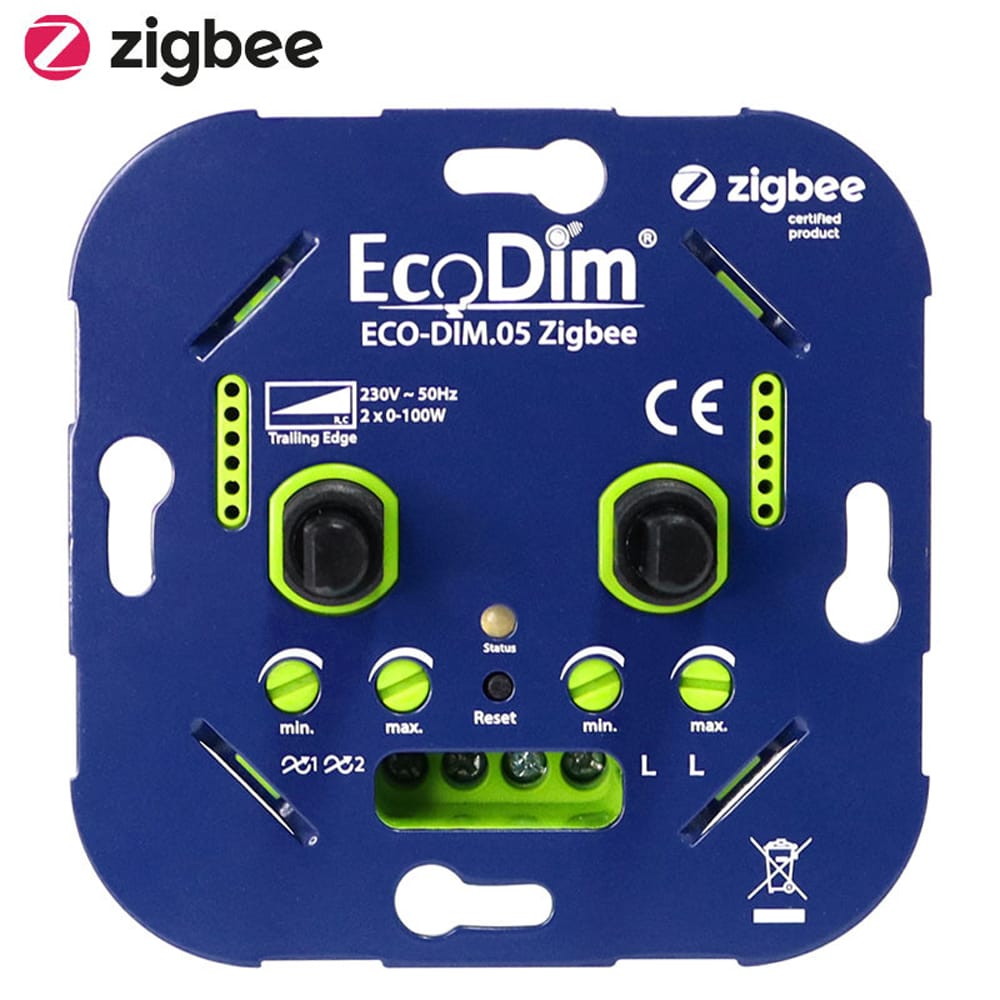 Smart Duo LED dimmer Zigbee Inbouw - 2x 0-100 Watt - Geschikt voor fase afsnijding - Min./Max. Instelbaar - ECO-DIM.05 Zigbee | Ecodim