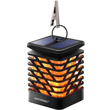 Solar Tuinlantaarn Amelia - Met sfeervol vlam effect - IP65 Waterdicht - Warm wit 3000K licht - Schemerschakelaar - Tafellamp - Hanglamp - Solar lantaarn - Zwart | HOFTRONIC