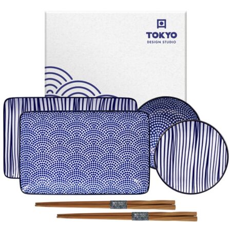 Sushi bordenset met eetstokjes - Tokyo Design Studio - Nippon Blue - 21x13.5cm & 9.5x3cm - 4-delig | Tokyo Design Studio
